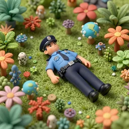 poetic exhuberance, tiny realistic detailed police officer lying down in the middle of a stunning intriguing dense 3 d rendering, composed of tiny colorful details and plants, hyperdetailed, contemporary masterpiece, microworld, deep focus, striking