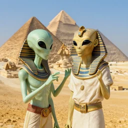 alien talking to an egyptian, background pyramids
