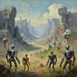 cinematic view of a retro scifi valley, robots, desaturated, psychedelic, tim hildebrandt, wayne barlowe, bruce pennington, donato giancola, larry elmore, oil on canvas, masterpiece, trending on artstation, featured on pixiv, cinematic composition, dramatic, beautiful lighting, sharp, details, hyper - detailed, hd, hdr, 4 k, 8 k