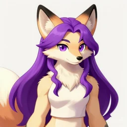 a portrait of a cream-colored fox furry fursona with long purple hair and black fox ears wearing a crop top, furry artwork, furaffinity, award-winning art