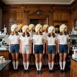realistic photo portrait of the university class wearing fluffy bird masks shorts, beautiful symmetrical faces, standing in the wooden polished and fancy expensive wooden laboratory interior room 1 9 9 0, life magazine reportage photo