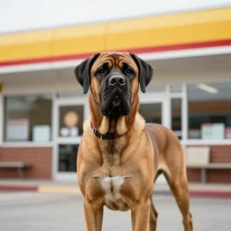 a big boerboel dog in front of a wafflehouse