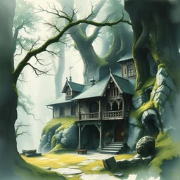 abstract watercolor painting of hedonic scandinavian wood palace, in stone and marble, covered in moss, war lord, magical and traditional, runes, cinematic light, national romanticism by anders zorn, by greg rutkowski, by greg manchess