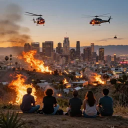 people sitting on a hill watching burning los angeles with helicopters above the city, hyperdetailed, artstation, cgsociety, 8 k