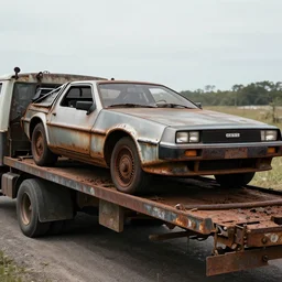 rusty, derelict 1 9 2 2 delorean being dragged by a tow truck