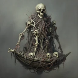 airbrush & oils of desolate god 4 character, tiered disgusting, floating sewer raft, made of bones, dystopian, by wayne d barlowe, h r giger, simon bisley, alex nino, boris vallejo, enric torres, hyper realism, narrative light, muted colors, epic, hyper detailed, awe inspiring, award winning horror,