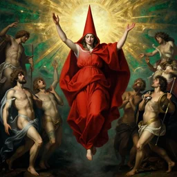 ascension of the scarlet woman by caravaggio adolf wolfli beksinski jan van eyck giger, fantasy, ascension to heaven, damned souls, ecstatic visions, religious ritual, epiphany ascension, red robe, conical red hood, gold emerald