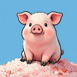 comic art of a cute far pig sitting on pile of pink salt, drawn by Bruce MacKinnon, vivid color, cgsociety 4K
