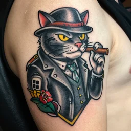 cat gangster holding cigar tattoo