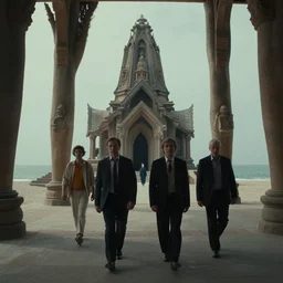 the strange temple on the beach, they walk inside, film still from the movie directed by denis villeneuve and david cronenberg with art direction by salvador dali, wide lens