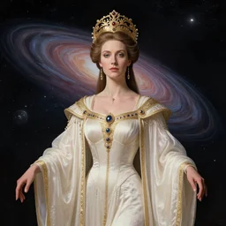 victorian portrait of the powerful empress of the solar system in the style of charlie bowater and in the style of donato giancola. glowing, ornate and intricate linework, sharp focus, depth of field, stunning, dynamic lighting, ultrafine and hyperdetailed.