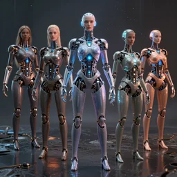 diverse groups of cyborgs with glowing electronic bodies, from behind, rebirth, beauty, wide angle, elaborate, wet, highly detailed, colors, beautiful lighting