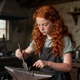 photograph of a young girl working in a blacksmith's forge by wes anderson, red hair, freckles