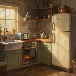 steampunk kitchen in the warm morning light, toaster, kettle, fridge, oven, sink, machines, beautifully lit, painting, high resolution, trending on artstation