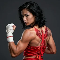 a portrait of kawennahere devery jacobs, muscular, wearing red attire, bandage taped fists, medium length black hair, red phoenix tattoo on back, inspired by korra, serious, style by donato giancola, wayne reynolds, jeff easley dramatic light, high detail, cinematic lighting, artstation, dungeons and dragons