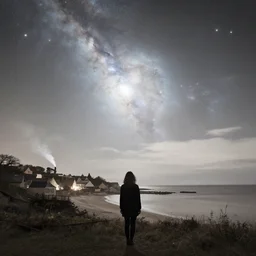 a beautiful double exposure of the astronomy picture of the day, nebula, with a rural seaside village landscape at night, soft white light, muted, neutral light, light blue tones, chimney smoke, long exposure clouds, unreal engine, anamorphic, cinestill cinematography, girl silhouette
