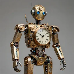 robot made out of clock parts, hyper realism, high detail, extremely detailed, very sharp, award winning photo, in the style of vivian maier