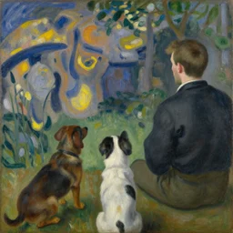 man seen from the viewpoint of a dog. painting by jan van eyck, monet, moebius, henri rousseau, agnes pelton