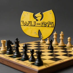 the wu - tang clan as chess pieces on a yellow and black chessboard 8 k hyperdetailed photorealism