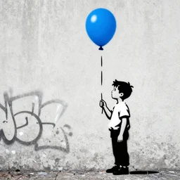 a side profile of a black and white graffiti of boy holding a single blue balloon on a concrete background in the style of Banksy, graffiti, digital art