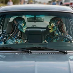 a stunning ultra detailed fine art photo of front view of car's windshield with a cyborg driver and na'vi passenger arguing inside, by tom bagshaw and artgerm, artstation, 8 k, cinematography by roger deakins and caleb deschanel, deep depth of field, highly coherent, zoom in on the front windshield, action movie