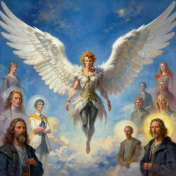 a highly detailed epic cinematic concept art cg render digital painting artwork : snufkin with angel wings in heaven. by greg rutkowski, in the style of francis bacon and syd mead and norman rockwell and beksinski, open ceiling, highly detailed, painted by francis bacon and edward hopper, painted by james gilleard, surrealism, airbrush, ilya kuvshinov, wlop, stanley artgerm, very coherent, triadic color scheme, art by takato yamamoto and james jean