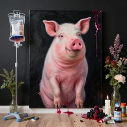“ a portrait in a female art student ’ s apartment, sensual, a pig theme, art supplies, surgical iv bag, octopus, ikebana, herbs, a candle dripping white wax, black walls, squashed berries, berry juice drips, acrylic and spray paint and oilstick on canvas, surrealism, neoexpressionism ”