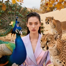 human staring directly at the camera, peacocks and cheetas are blocking the view to his face, autumn, perfect face, sharp focus, directed gaze, haute couture, editorial photoshoot, pastel colors, vivid, fashion photography, cinematic lightning, sand dunes, portrait photography, 8 k hd in the style of zdzisław beksinski