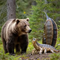 grizzly bear and giant tardigrade meet in the forest, nature professional photography, national geographic