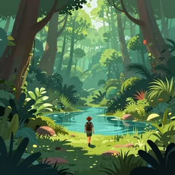 travller going through a magical swamp, lush vegetation, lake, clean cel shaded vector art, behance hd by lois van baarle, helen huang