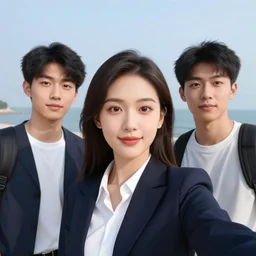 selfie of businesswoman and two boyfriends, on vacation