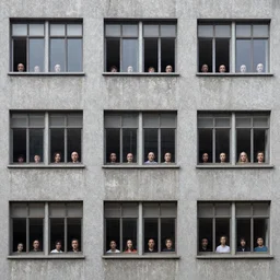 close - up image of the building in the style of brutalism, people in the windows, people with strange faces, gray dirty walls, detailed windows, detailed people, by wens anderson, ando tadao, strange palette,