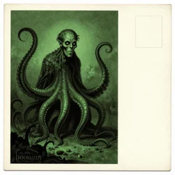 a vintage postcard of innsmouth 1 9 century, lovecraft, green and dark, evil, tentacles
