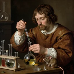 a gentleman mouse performing a chemistry experiment with radioactive beakers, surrounded by glassware, very realistic, chiaroscuro, renaissance art, intricate textures