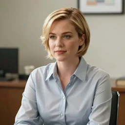 film still of brittany murphy sitting in office, short blonde hair, beautiful face, wearing shirt, realistic proportions, ink, black and white, illustration, cinematic composition, lineart, clean lines, gary millidge, sean phillips