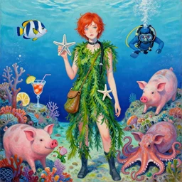 tall emo female artist holding a tropical fish and a starfish in ishigaki okinawa, wearing seaweed, coral reef, summer, cocktails scuba, pigs, octopus, acrylic on canvas, surrealist, by magritte and monet