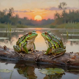 Oil painting. Two frogs sat on a log. Pond setting. Sunset.