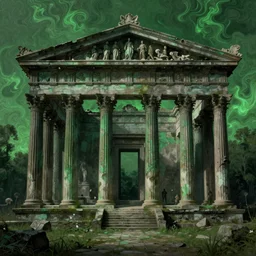 Dark and green Ancient neoclassical temple ruins. By (Rembrandt painting(100)(fractal flame)), highly detailded