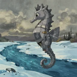 cell shaded cartoon of a giant mechanized grey seahorse from howl's moving castle ( 2 0 0 4 ), floating above an icy river, full body, wide shot, very muted colors, post grunge, studio ghibli, highly detailed, deviantart, art by artgem
