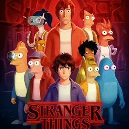 Stranger Things Season 5 Poster with cast of Futurama, high resolution, hyper detailed, intricate, photorealistic, all cast members, netfilx !n-9