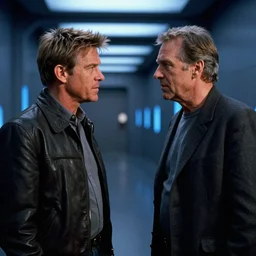 movie still, 1 9 8 0 s, harrison ford and john carpenter talking, sci - fi corridor in the background, hyperdetailed, by ridley scott and john carpenter, blue leds