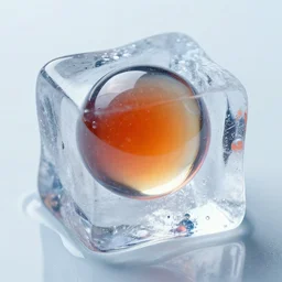an ice cube with a colored glass sphere inside