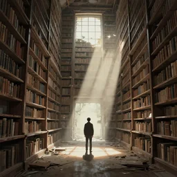 illustration of a man in a collosal abandoned library, solitude, rays of light