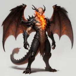 full body anime style human in dragon form, bald, with a beard made of fire. fantasy style. very punk / alt aesthetic. wings and tail, a highly detailed, digital painting, artstation, concept art, matte, sharp focus, illustration, art by artgerm and greg rutkowski