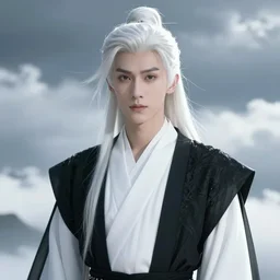 a portrait of a young handsome prince, white fringy hair, white shirt, black tunic, smooth, epic clouds, beautiful landscape, backlit, incredible lighting, strong rim light, highly detailed, god rays, digital painting, HDRI, by Heise Jinyao, Heise-Lian Yan Fang, Feimo, Richard Taddei, vivid colors, high contrast, 8k resolution, intricate, photorealistic