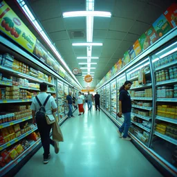 supermarket aisles, shoppers, fisheye lens, color, fluorescent lighting,