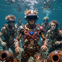 junky men underwater, luminosity, cybertronic gadgets and vr helmet, flesh + technology, durty colours, mid shot, rotten textures, rusty shapes, biotechnology, norman rockwell, tim hildebrandt, dariusz zawadzki, bruce pennington, larry elmore, hyperrealistic matte painting, deep depth field, masterpiece, cinematic composition, hyper - detailed, hd, hdr