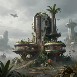 A realistic detailed photo of a futuristic house, alien plants, grey sky, futuristic buildings, flying ships in the background, foggy landscape, light particles, detailed light, realistic shaders, trending on artisation, detailed textures, detailed, realistic.