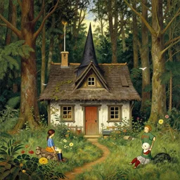witch cottage in the forest, art by norman rockwell and donato giancola and greg rutkowski, vintage art, realistic