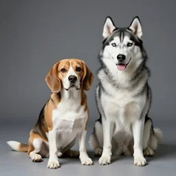 beagle sitting next to a husky, studio lighting, professional photography